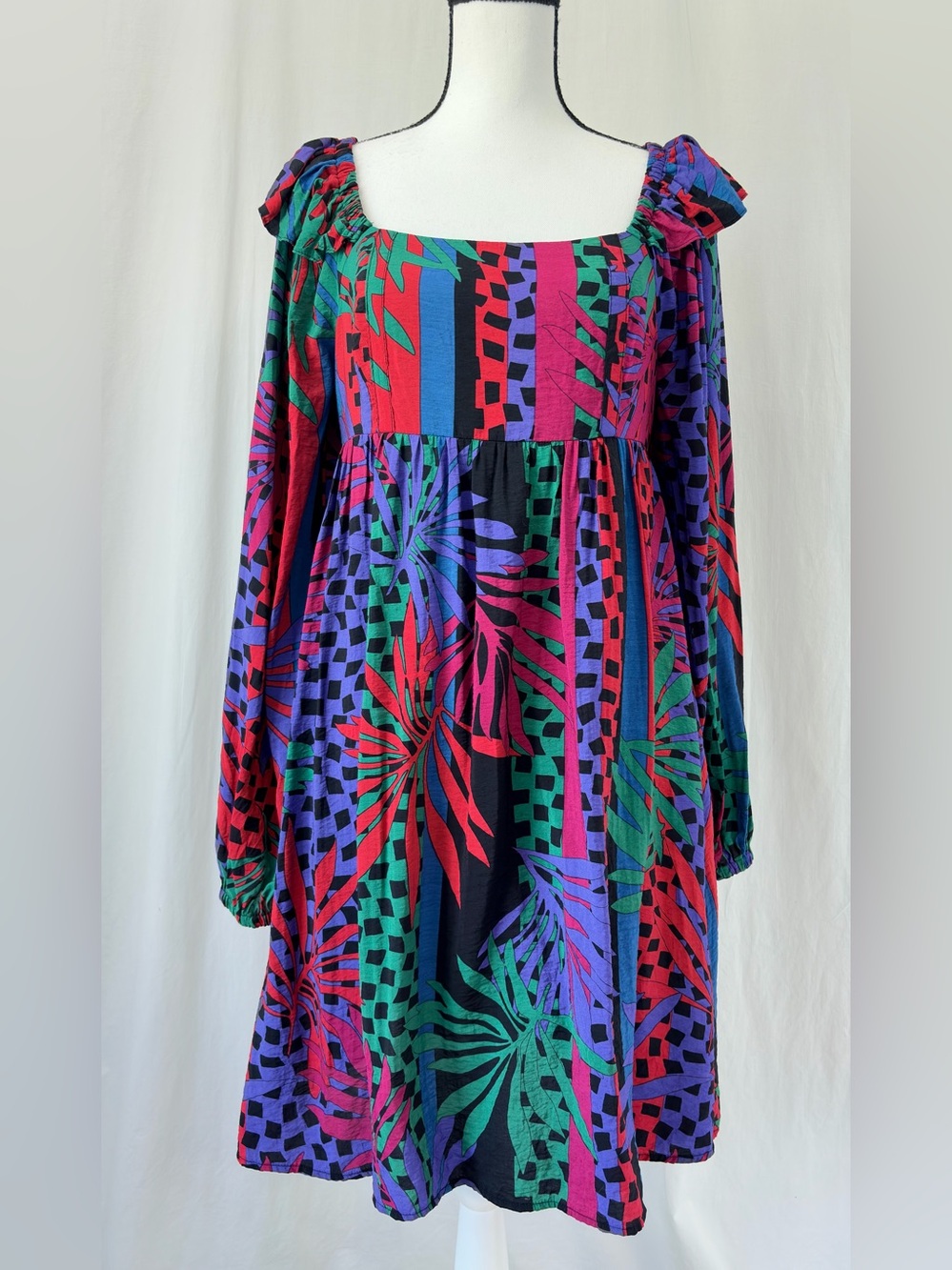Oddi Purple Red Blue Rayon Blend Tropical Leaves Babydoll Mini Zoe Dress Large
